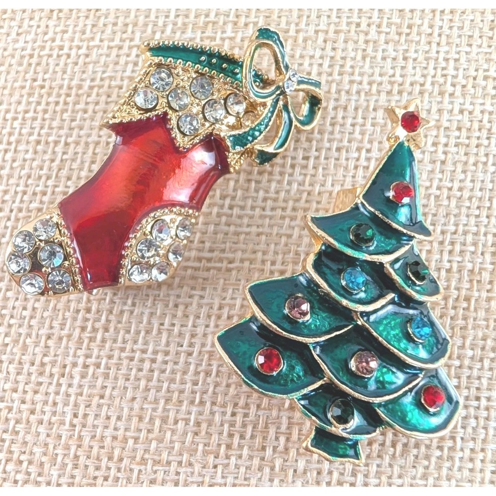 Vintage Christmas Brooch Lot Gold Tone Enamel Tree & Stocking Rhinestone Pins